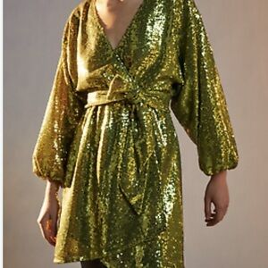 Anthropologie Green Sequin Long Sleeve Mini Dress | Size Small | NWT